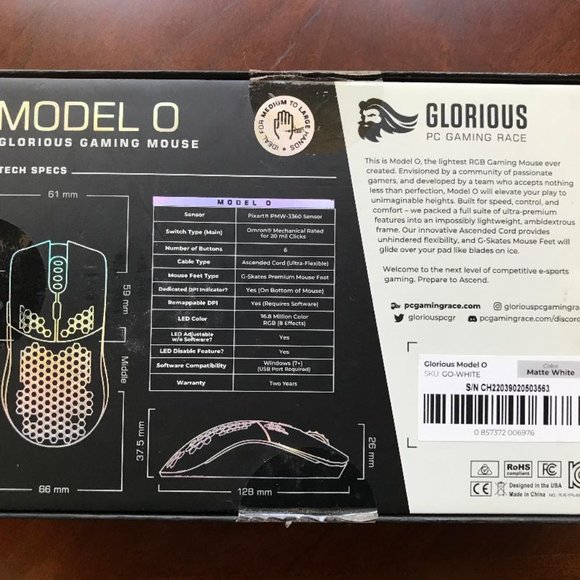 Glorious Gaming Mouse - Model O Matte White 67 g Superlight Honeycomb USB Gaming - Picture 5 of 5